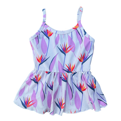 KEIKI, BIRD OF PARADISE LAVENDER PEPLUM TOP